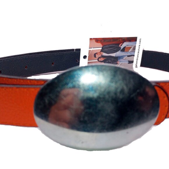 New Womens Skinny Reversible Leather Belt Full Grain Orange Black Size 34